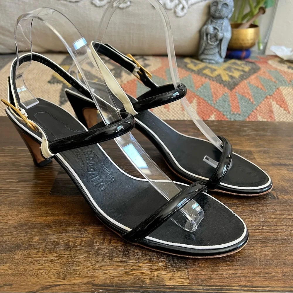 Salvatore Ferragamo Black Leather White Trim Strappy Slingback Sandals 9.5B